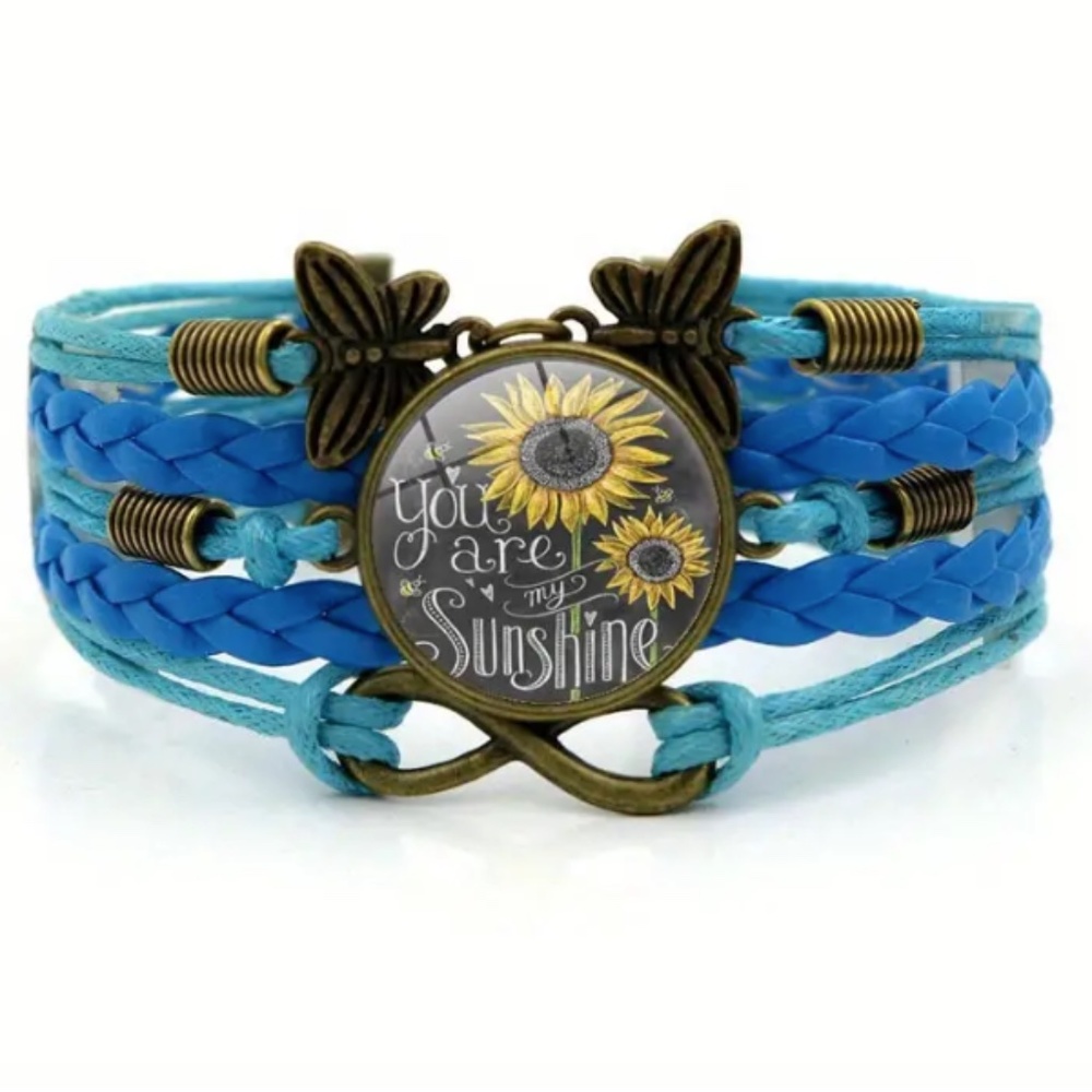 You Are My Sunshine Leather Braided Multi Layer Unisex Adjustable Bracelet Blue